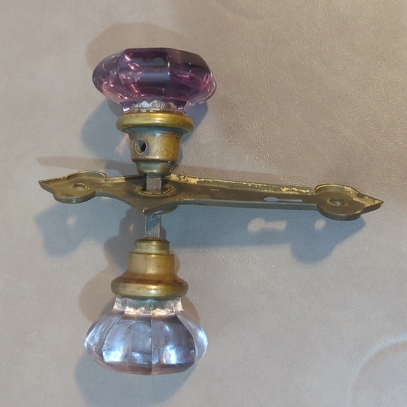 Vintage Antique Purple Lavender Amethyst Glass Door Knobs With Escutcheon Plate